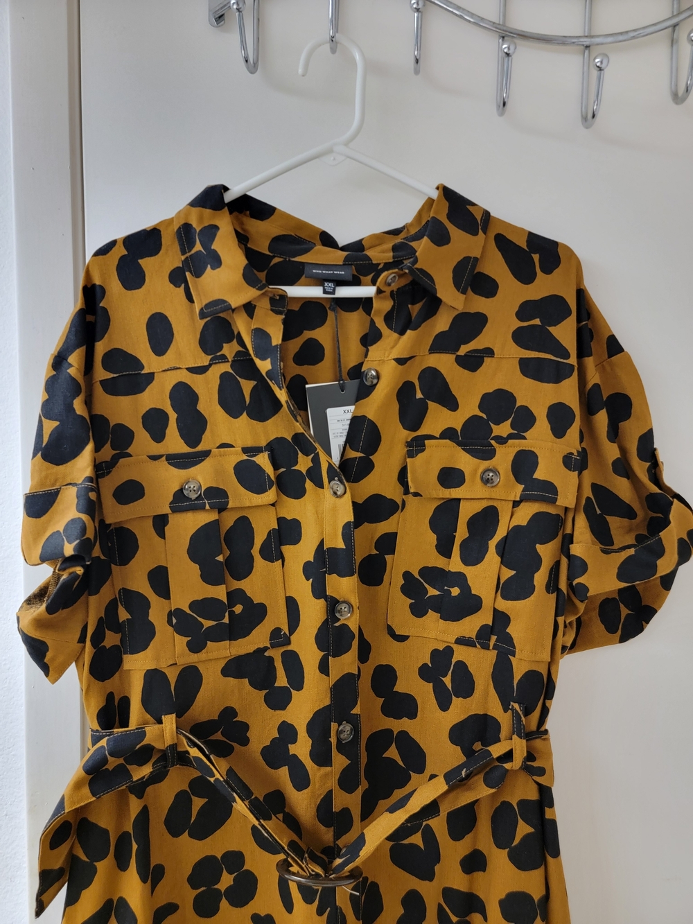 Who What Wear Mustard and Black Leopard Midi Safari Utility Shirt Dress - Picture 5 of 11